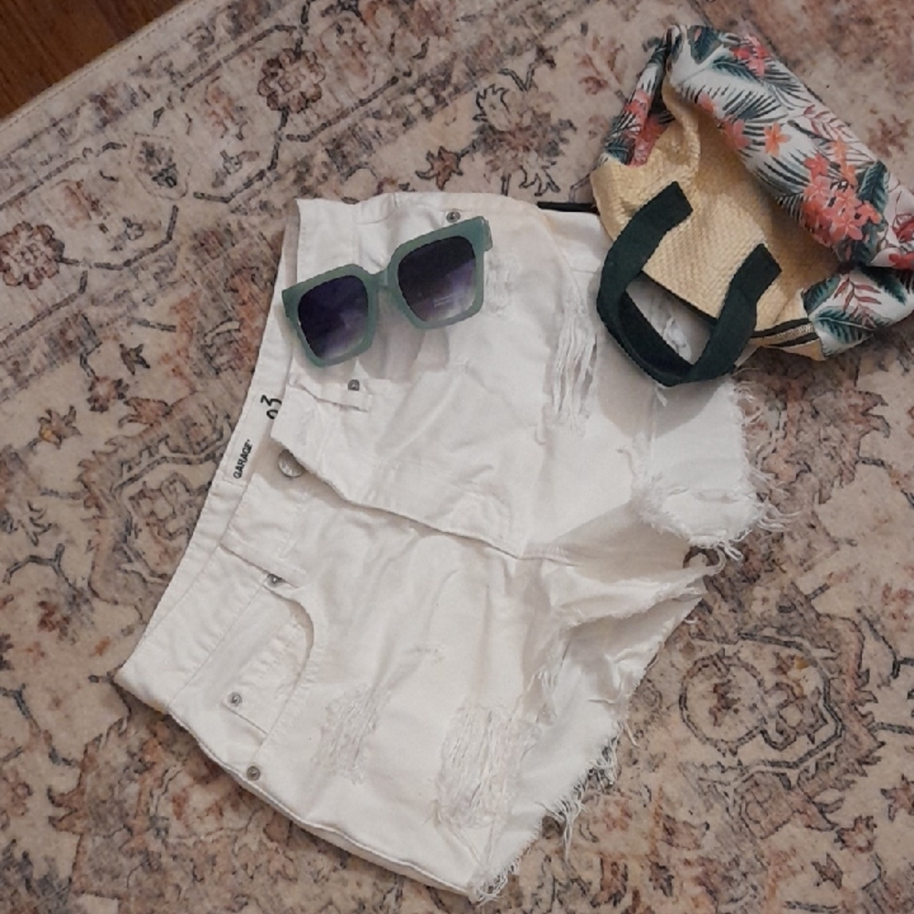Garage White Denim Shorts with Silver Button